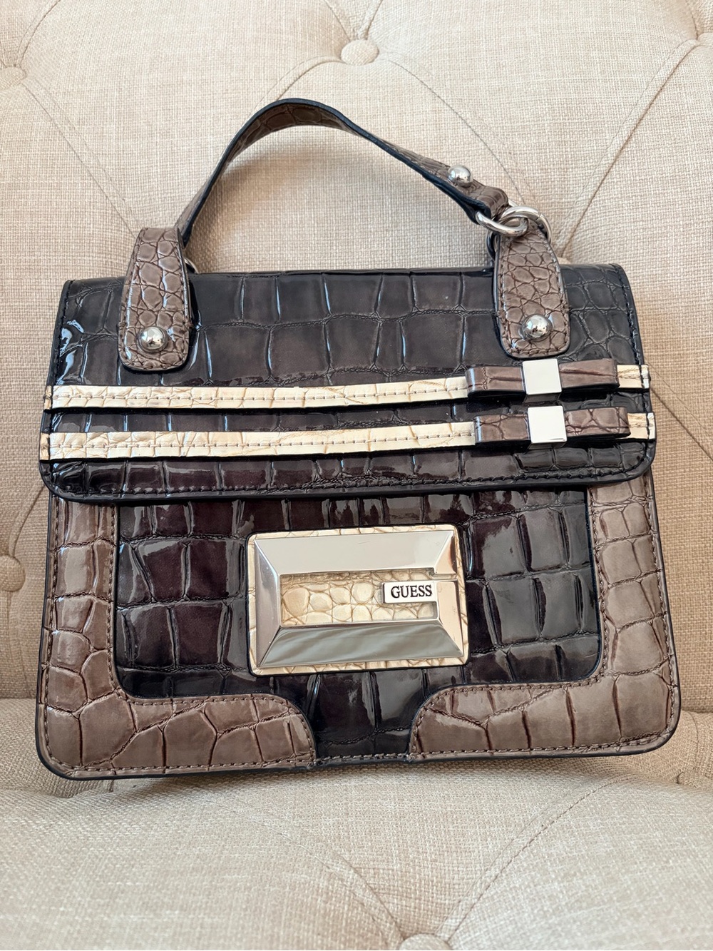 GUESS Brown & Beige Croc-Embossed Top-Handle Satchel